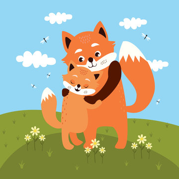 Mom And Baby Fox Hug In The Meadow