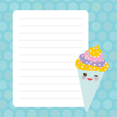 Card design with Kawaii Ice cream waffle cone funny muzzle with pink cheeks and winking eyes, blue pastel colors polka dot lined page notebook, template, blank, planner background. Vector