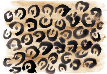 Watercolor animal print of a cheetah. Hand-drawn horizontal illustration. Yellow, brown and black colors on white paper.