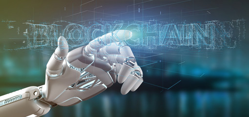 Cyborg hand holding a Blockchain title 3d rendering