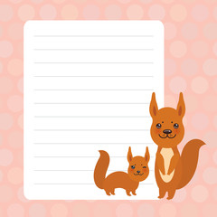 Card design with Kawaii squirrel, pink pastel colors polka dot lined page notebook, template, blank, planner background. Vector