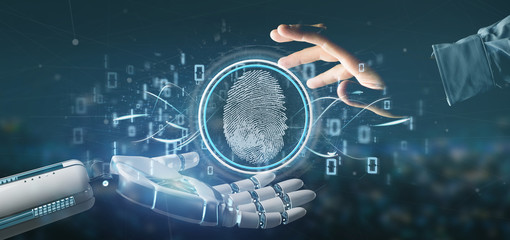 Cyborg holding a Digital fingerprint identification and binary code 3d rendering
