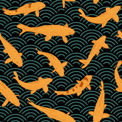 Seamless pattern Koi carp literally brocaded carp. Orange fish. outline sketch doodle. Blue black Orange Nature oriental background with japanese wave. for Gift wrap fabrics wallpapers. Vector