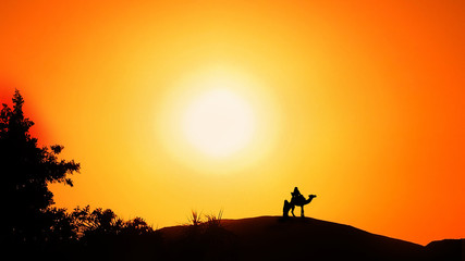 Naklejka na ściany i meble wanderers in the desert at sunset