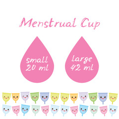 Kawaii menstrual cup is a feminine hygiene product made of flexible medical grade silicone and shaped like a bell, pink cheeks and winking eyes, pastel colors on white background. Vector