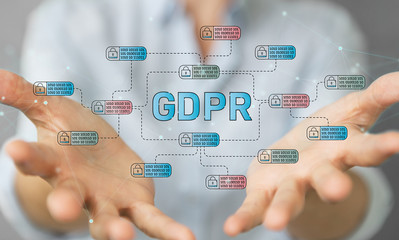 Businesswoman protecting her datas with GDPR law interface