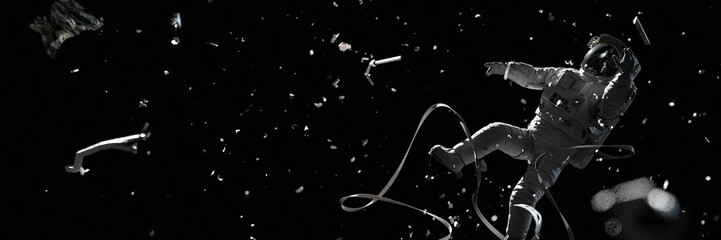 astronaut in dangerous situation, flying space debris damaging helmet and suit © dottedyeti