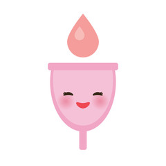 Kawaii menstrual cup is a feminine hygiene product made of flexible medical grade silicone and shaped like a bell, pink cheeks and eyes, pastel colors on white background. Vector