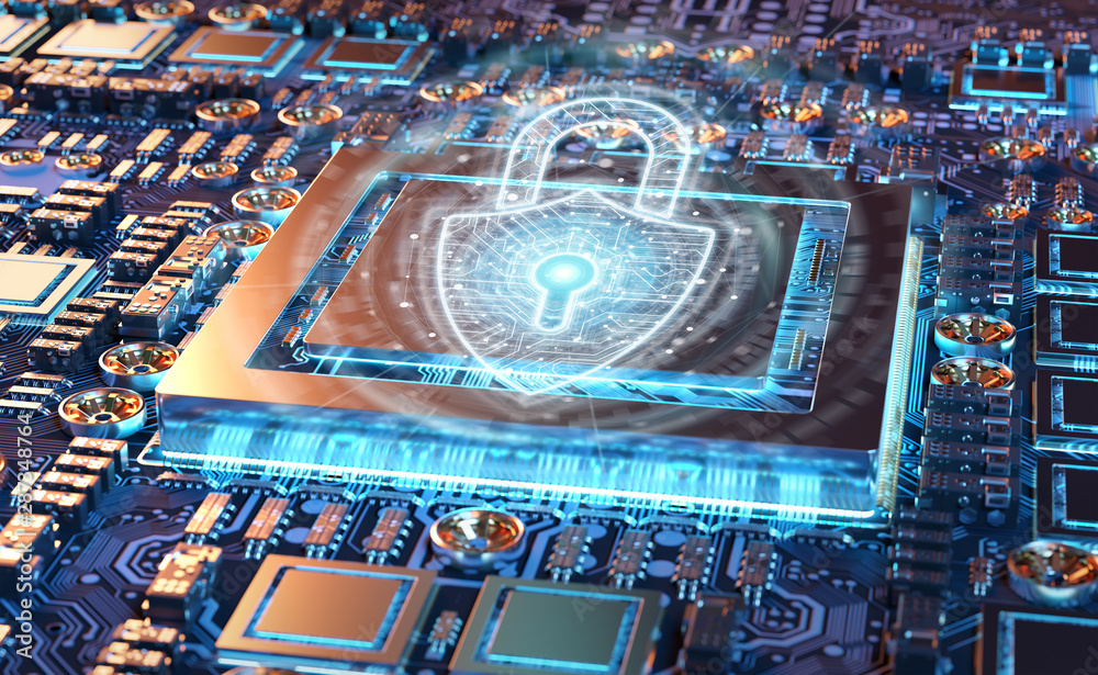 Fototapete close-up view of a modern gpu card with shield protection 3d rendering
