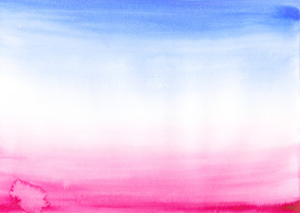 Watercolor hand-drawn illustration from blue to pink on white paper. Horizontal orientation of the picture. Can be used to create a zine collage, banner, postcard, web background.