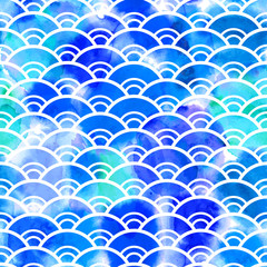 Seigaiha literally means wave of the sea. seamless pattern abstract scales simple Nature background japanese circle blue green white colors. Can be used for Gift wrap, fabrics, wallpapers. Vector