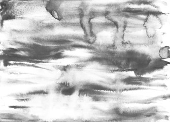 Hand drawn watercolor illustration with transparency and liquid transitions, splashes, drops, waves on white. Grey watercolor paint on a horizontal sheet of paper. Can be used for illustration, zine