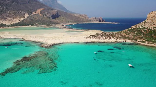 Aerial view on Tigani cape and Balos lagoon with sandy sea beach. Crete, Greece.