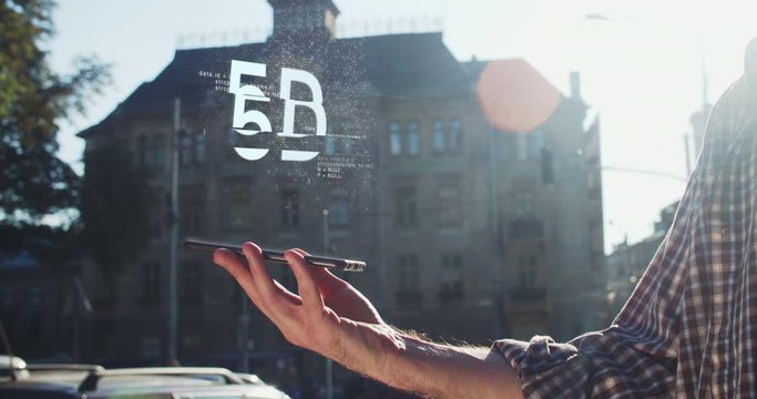 Digital animation of future technology lines flowing from modern smartphone connecting into 5G sign. Male hand interact with a HUD screen hologram activating global network mobile comminication system