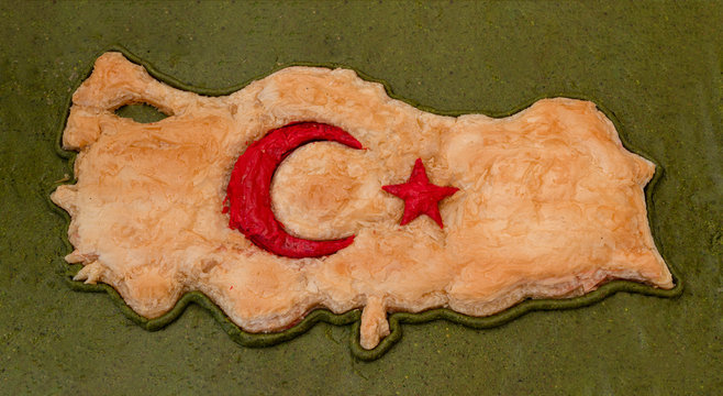 Turkish baklava shaped Turkish map Turkish flag in a market, the star and crescent. - Powered by Adobe