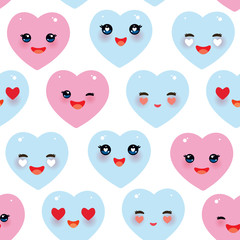 Fototapeta premium Seamless pattern Funny Kawaii heart pink, blue isolated on white background. Valentine's Day Card banner template. Can be used for Gift wrap, fabrics, wallpapers. Vector