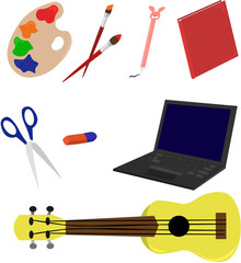 Set hobby items. Drawing, music and games. Reading, poems and skill.
