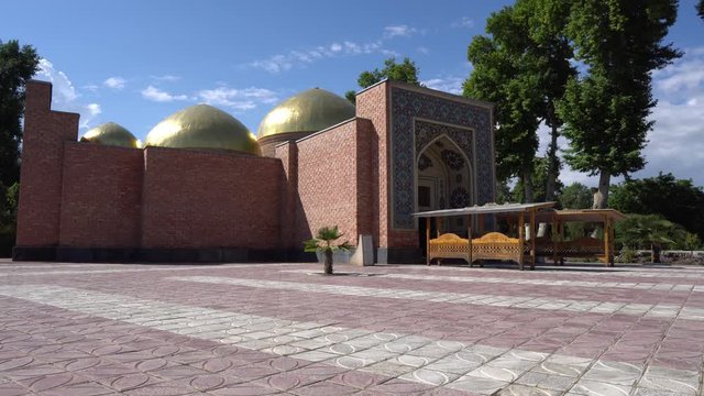 Kulob Mir Sayyid Ali Hamadani Golden Cupola Mausoleum Frontal Side View on a Sunny Blue Sky Sunset Day