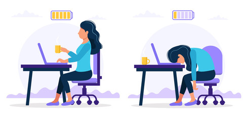 Burnout concept illustration with happy and exhausted female office worker sitting at the table with full and low battery. Frustrated worker, mental health problems. Vector illustration in flat style