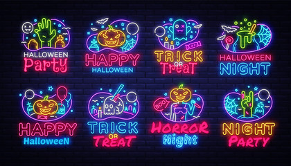 Big collectin neon signs for Halloween. Halloween Party Neon Banner Vector. Horro Night design template for greeting cards and posters, modern trend design, night light signboard. Vector © Ivan