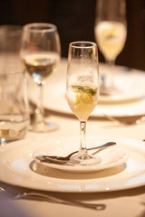 Lemon ice sorbet in a restaurant setting