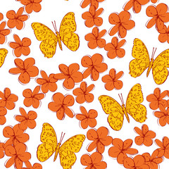 Seamless pattern plumeria flowers butterflies sketch, burgundy orange yellow contour isolated on white background. simple ornament, Can be used for Gift wrap, fabrics, wallpapers. Vector