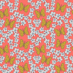Seamless pattern plumeria flowers butterflies sketch, gray yellow mustard contour on pink coral background. simple ornament, Can be used for Gift wrap, fabrics, wallpapers. Vector