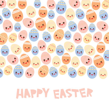 Happy Easter greeting card banner template design. Kawaii colorful blue orange pink yellow cute funny egg with pink cheeks and winking eyes, pastel colors on white background. Vector