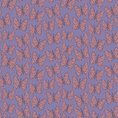 Seamless pattern with butterfly sketch, lilac pink purple background. simple art. Can be used for Gift wrap, fabrics, wallpapers. Vector