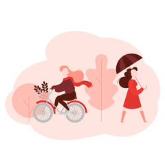 Fall activity in forest. Cartoon People in the autumn public park woman walking under umbrella, girl riding bicycle