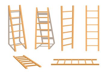Wooden ladder household tool isolated set stepladder with shadow vector illustration © alestraza