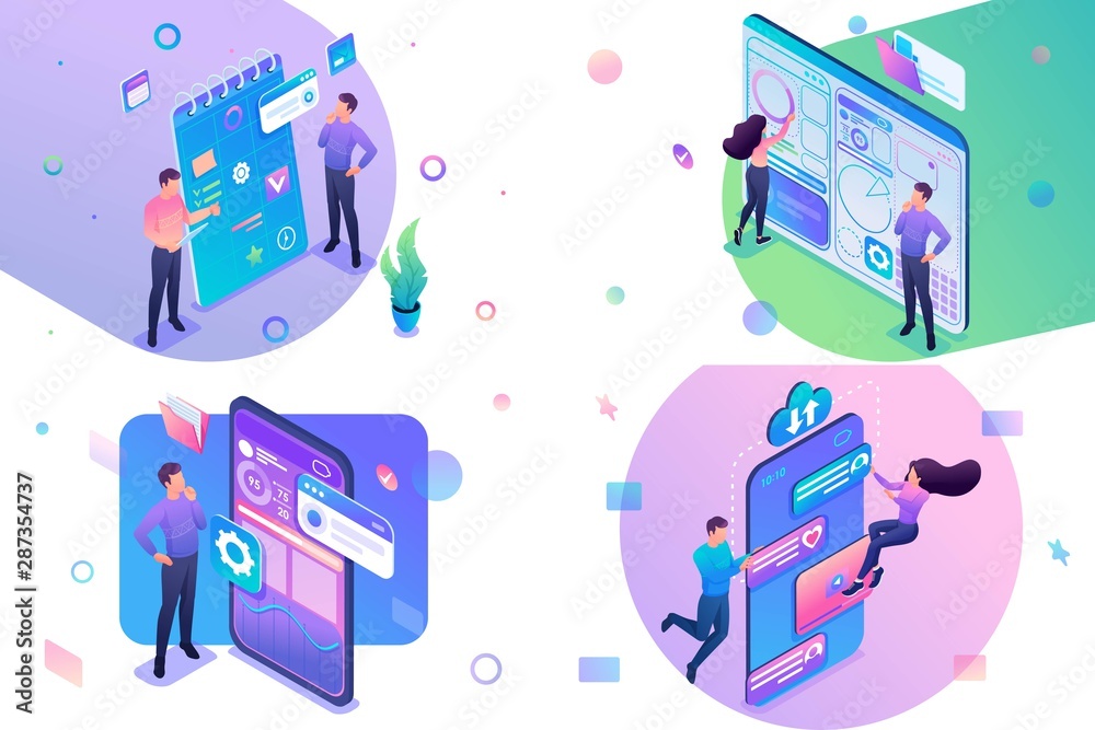 Wall mural set of isometric concepts business planning, create dashboard, mobile app, social network. for conce
