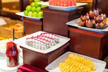 Fresh fruits on buffet table in restaurant