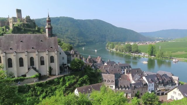 Carmine Church of Beilstein at Moselle River in Germany. Vineyard landscape.