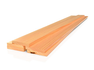 Stack of wooden boards on white floor, isolated. 3D rendering