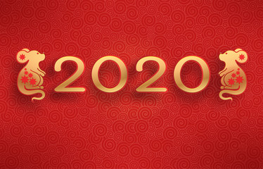 Golden mouse on a textured red background. Template on the theme of the Chinese horoscope. Eastern calendar. Year of the mouse. Free space. Greeting card.