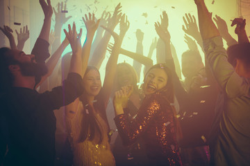 Photo of many birthday event amazing people dancing leisure colorful lights confetti flying...