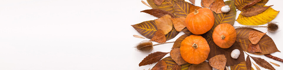 Autumn conceptual bouquet of walnut leaves and fresh pumpkins