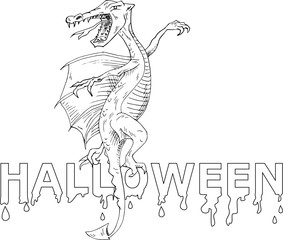 Dragon halloween coloring illustration in black and white