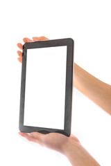 in human hands tablet computer touch-screen gadget with isolated