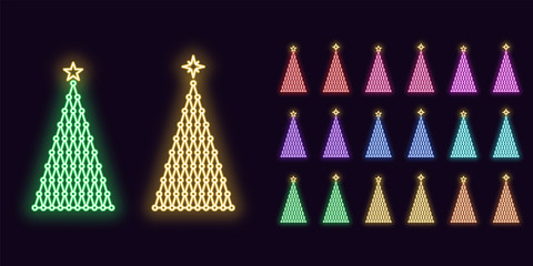 Neon Christmas Tree with Star, Festive icon decoration. Colorful Set