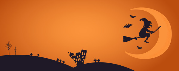 Happy Halloween banner, party invitation, background design with crescent moon, flying witch, bats, house silhouettes, text place. Hand drawn vector illustration. Holiday decor concept. Flat style.