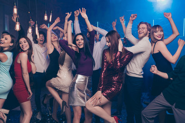 Portrait of cute charming nice sweet youth discotheque have move crazy positive cheerful formal...