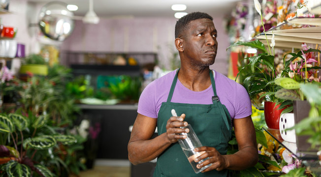 Forist spraying potted flowers
