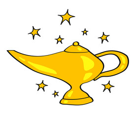 Aladdin's lamp and stars on a white background. Vector illustration. 