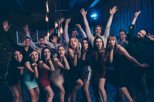 Full length body size view photo of charming funny funky lady guy enjoy dance floor gesture make v-sings lips pouted plump free time hi hello dress suit formalwear indoors