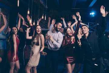 Portrait of cute charming elegant good-looking mates close eyes having fun energy formal wear formalwear dress suit discotheque