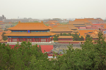 Fototapeta na wymiar Looking over the roofs of the palaces in the Forbidden City, seen from the Jingshan Park in Beijing
