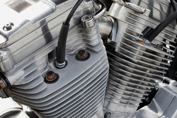 Close up of motorcycle engine blocks.