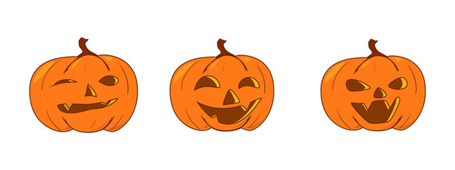Funny pumpkins set. One of the Halloween symbols. Vector Illustration.
